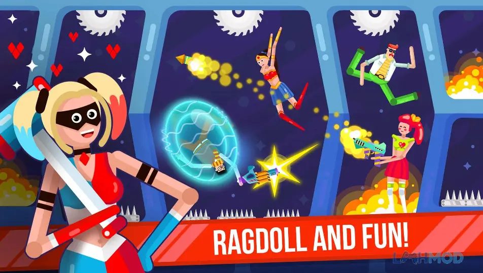 Ảnh 4 của Tải Ragdoll Rage Heroes Arena Mod Apk 1.8.0 (Vô Hạn Tiền) cho Android Giao diện chọn vũ khí và trang bị trong Ragdoll Rage Heroes Arena, hiển thị các tùy chọn nâng cấp