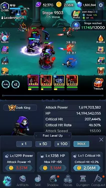 Ảnh 2 của Tải game Shadow Knights: Idle RPG Mod APK 43 (Vô Hạn Vàng, Kim Cương) Giao diện chiến đấu với các anh hùng bóng đêm