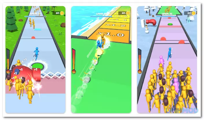 Ảnh 2 của Tải game Slap and Run Mod Apk 1.6.3 (Vô Hạn Tiền, Không Quảng Cáo) cho Android iOs Nhân vật màu xanh đang chạy trên đường, phía sau là đám đông người nộm đang đuổi theo