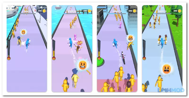 Ảnh 3 của Tải game Slap and Run Mod Apk 1.6.3 (Vô Hạn Tiền, Không Quảng Cáo) cho Android iOs Góc nhìn từ trên cao xuống nhân vật màu xanh đang chạy qua các chướng ngại vật và tát người màu vàng