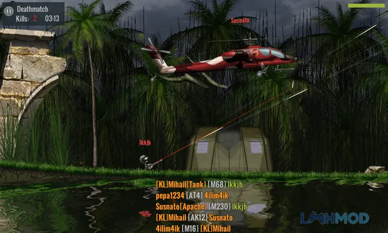 Ảnh 2 của Tải Stickman Battlefields Mod Apk 2.1.1 (Mod Money/Ammo) cho Android iOs Giao diện chọn vũ khí và trang bị trong game Stickman Battlefields, hiển thị nhiều loại súng và giáp