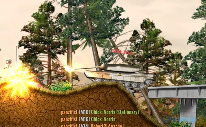 Ảnh 3 của Tải Stickman Battlefields Mod Apk 2.1.1 (Mod Money/Ammo) cho Android iOs Một cảnh chiến đấu trong Stickman Battlefields, hiển thị người chơi sử dụng súng phóng lựu và một chiếc xe tăng bị phá hủy