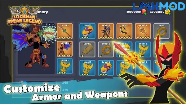 Ảnh 3 của Stickman Spear Legend MOD APK 1.08 (Vô hạn tiền) Alt text mô tả cảnh chiến đấu của một Stickman mạnh mẽ đang sử dụng kỹ năng đặc biệt với giáo