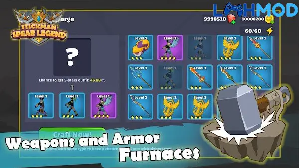 Ảnh 4 của Stickman Spear Legend MOD APK 1.08 (Vô hạn tiền) Alt text mô tả giao diện nâng cấp nhân vật hoặc vũ khí trong trò chơi Stickman Spear Legend