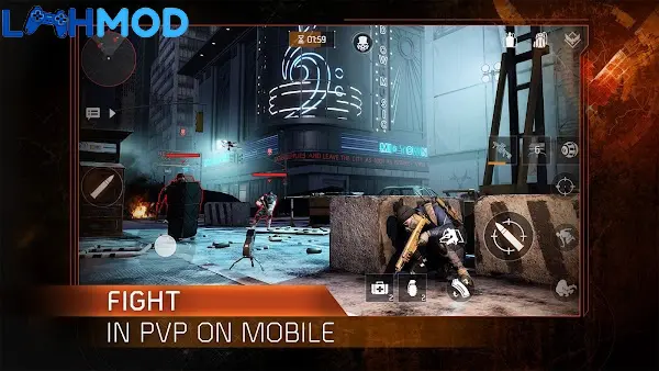 Ảnh 2 của Tải The Division Resurgence APK 1.191.0.0 Android iOS Nhóm đặc vụ The Division đang bắn nhau trên một con phố đầy rác thải với xe cộ bị bỏ hoang