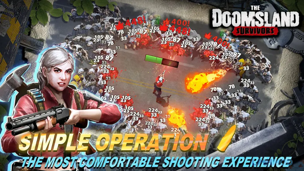 Ảnh 1 của Tải The Doomsland Survivors Mod Apk 1.2.8 (God Mode, Attack Multiplier) cho Android iOs Cảnh một người sống sót đang chiến đấu với nhiều quái vật trong The Doomsland: Survivors