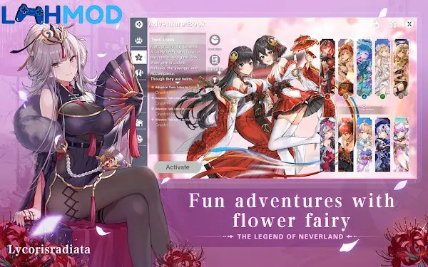 Ảnh 1 của The Legend of Neverland MOD APK 1.16.23060927 (Di chuyển nhanh) Cảnh một nhóm nhân vật đang chiến đấu cùng các tiên hoa trong một khu rừng