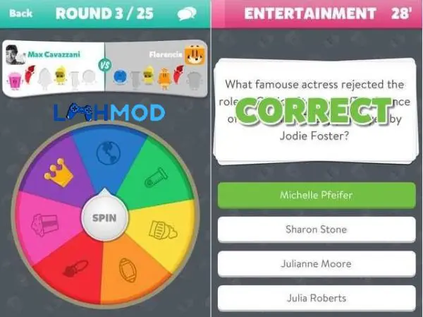 Ảnh 1 của Tải Trivia Crack MOD APK 3.175.0 (Vô Hạn Tiền) Android iOS Người chơi Trivia Crack MOD quay bánh xe may mắn để chọn chủ đề câu hỏi
