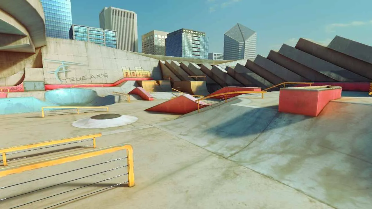 Ảnh 2 của Tải game True Skate Mod APK 1.5.92 (Menu, Vô Hạn Tiền) Một vận động viên đang thực hiện trick trên ván trượt tại một công viên skate