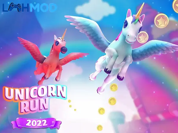 Ảnh 2 của Tải Unicorn Running Game APK v1.7.3 cho Android iOS Một chú kỳ lân đáng yêu đang chạy trên đường đua đầy màu sắc, có các chướng ngại vật hình toa tàu và tiền xu
