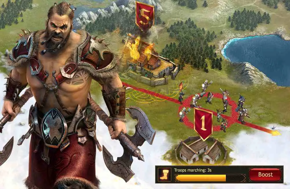 Ảnh 4 của Vikings: War of Clans Mod APK v6.4.0.1114 (Mua sắm miễn phí) Bản đồ thế giới trong game Vikings: War of Clans Mod với các vùng đất và điểm chiến lược