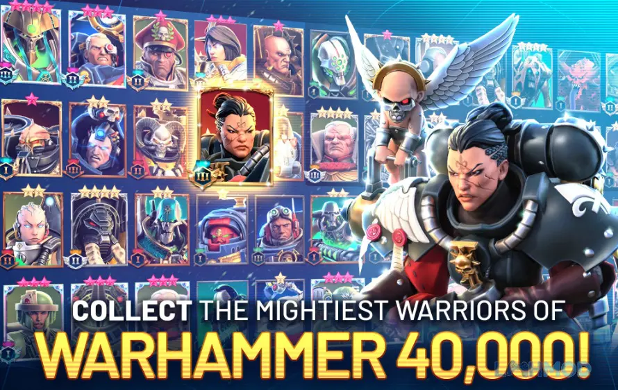 Ảnh 1 của Tải Warhammer 40000 Tacticus Mod Apk v1.22.25 (Vô Hạn Tiền) Cảnh chiến đấu trong game Warhammer 40,000 Tacticus với đội hình Space Marine