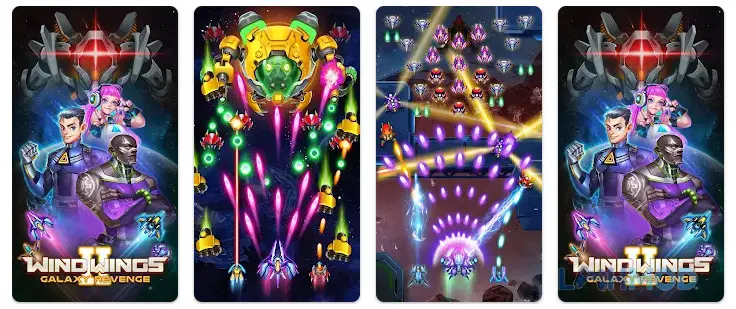 Ảnh 2 của Tải WindWings 2 Galaxy Revenge Mod Apk 0.0.84 (Vô Hạn Tiền) cho Android iOs Phi thuyền đang chiến đấu với nhiều kẻ thù nhỏ và một con trùm lớn trên nền không gian
