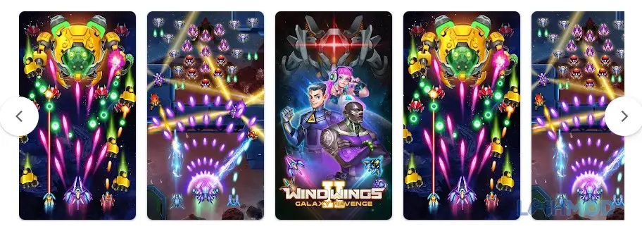 Ảnh 3 của Tải WindWings 2 Galaxy Revenge Mod Apk 0.0.84 (Vô Hạn Tiền) cho Android iOs Cận cảnh một phi thuyền chiến đấu đang bắn đạn vào nhiều kẻ thù trên nền không gian