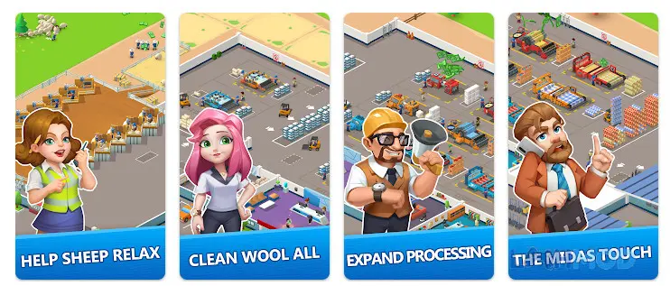 Ảnh 2 của Tải Wool Inc Idle Factory Tycoon Apk 0.0.64 cho Android iOs Giao diện nhà máy len đang hoạt động với cừu và máy móc