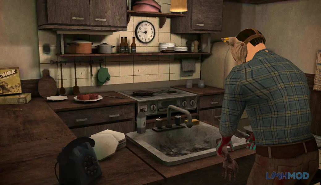 Ảnh 2 của Tải 911 Cannibal Apk 1.0.0 cho Android iOs Góc nhìn thứ nhất của người chơi trong nhà bếp u ám, có vẻ là nơi ẩn náu của kẻ ăn thịt người