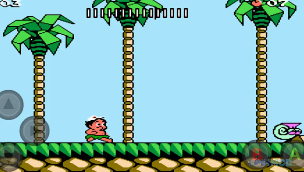 Ảnh 2 của Tải Adventure Island 3 Apk 2.1.1 cho Android iOs Cảnh Master Higgins cưỡi khủng long xanh vượt chướng ngại vật