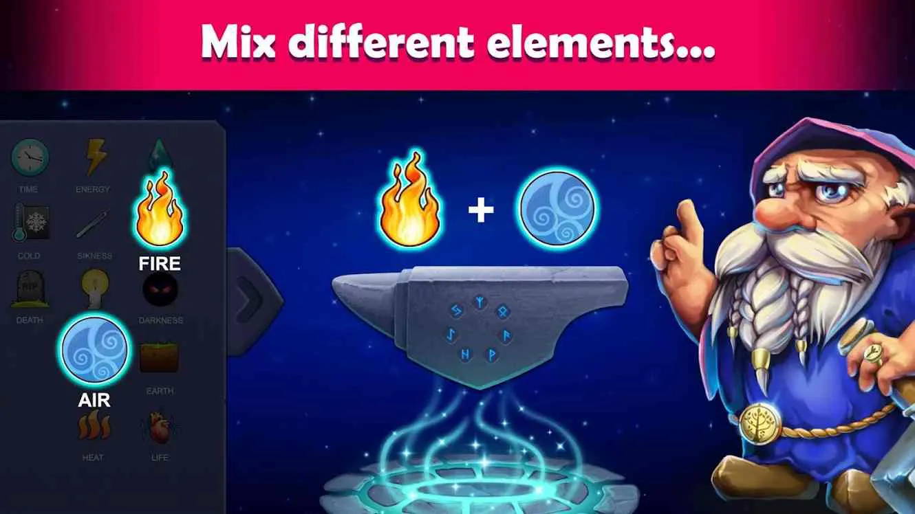 Ảnh 4 của Tải game Alchemy: Forge of Gods Mod APK 1.08.005 (Mua Sắm Miễn Phí) Bộ sưu tập nguyên tố đa dạng trong Alchemy: Forge of Gods Mod