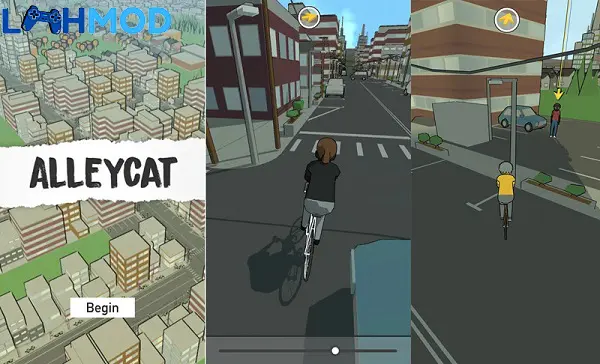 Ảnh 2 của Tải game Alleycat APK 1.0 cho Android iOS Cảnh người chơi lái xe đạp trong thành phố tấp nập của game Alleycat