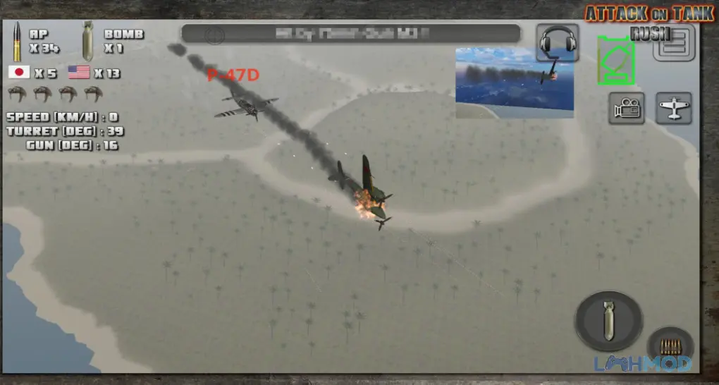 Ảnh 2 của Tải Attack on tank rush Mod Apk 4.0.1 (Vô Hạn Tiền) cho Android iOs Giao diện chiến trường với các biểu tượng điều khiển xe tăng