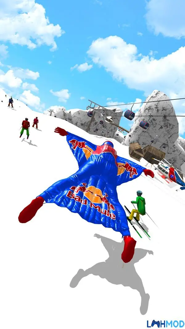 Ảnh 4 của Base Jump Wing Suit Flying Mod Apk v2.9 (Vô hạn tiền) Cảnh nhân vật đang bay lượn trên một thành phố với các tòa nhà cao tầng