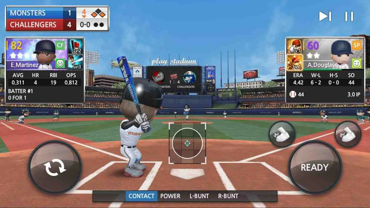 Ảnh 2 của Tải game BASEBALL 9 Mod APK 3.1.1 (Menu, Vô Hạn Tiền) Alt text mô tả cảnh một trận đấu bóng chày trong game với cầu thủ đang ném bóng