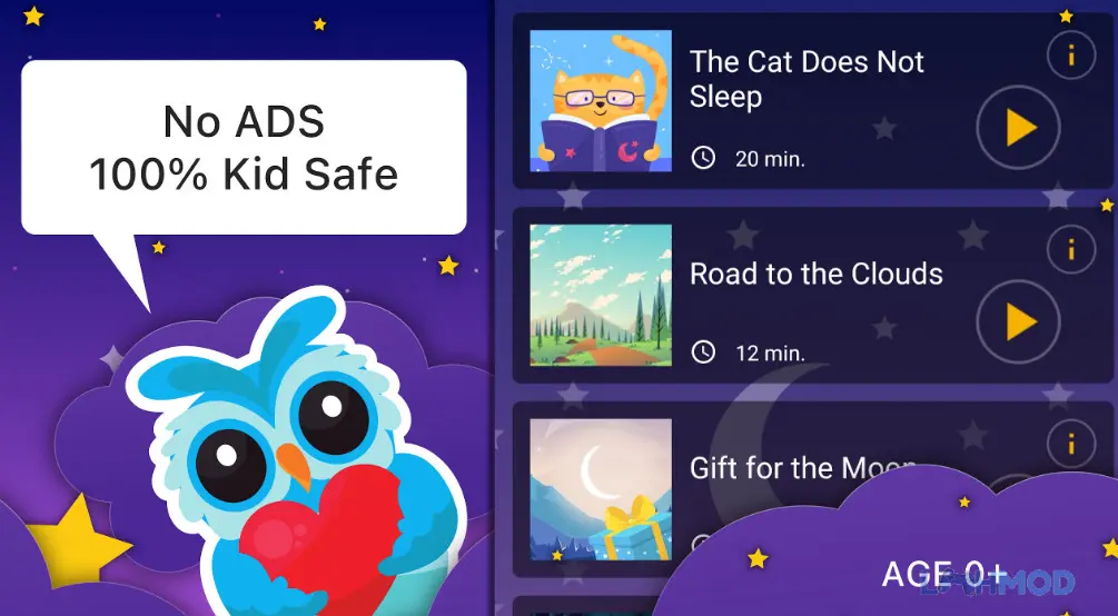 Ảnh 3 của Tải Bedtime Stories for Kids Sleep Mod Apk 5.23.0 (Mở khóa Premium) cho Android iOs Giao diện chọn bản nhạc ru hoặc câu chuyện trong ứng dụng