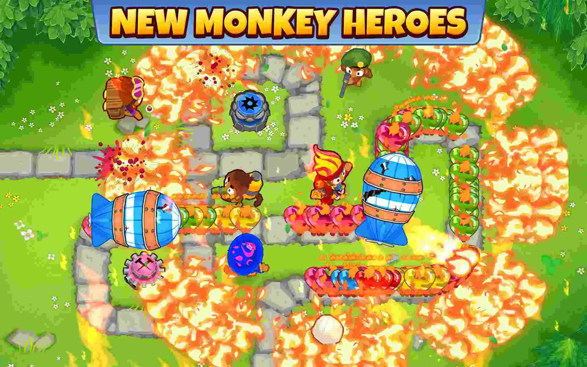 Ảnh 3 của Bloons TD 6 Mod APK v45.1 (Tiền, Mở khóa, Nâng cấp) Các tháp khỉ đa dạng đang nâng cấp trong Bloons TD 6 Mod