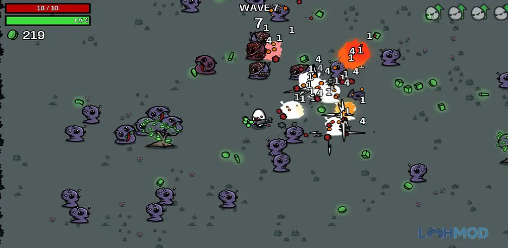 Ảnh 2 của Tải Brotato MOD Apk 1.3.523 (Menu, Money, Damage) Cảnh game Brotato với nhân vật đang chiến đấu giữa bầy quái vật