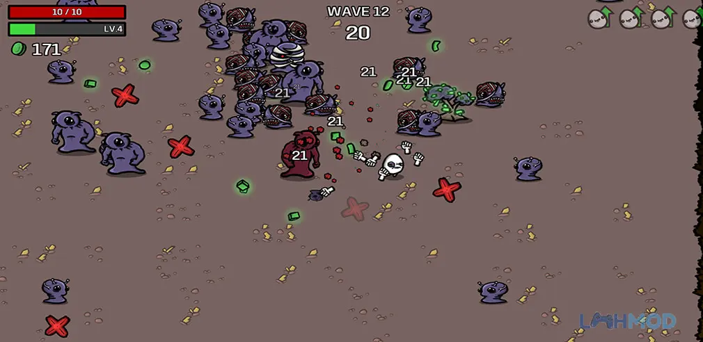 Ảnh 4 của Tải Brotato MOD Apk 1.3.523 (Menu, Money, Damage) Nhân vật Brotato đang né tránh đạn và tấn công kẻ thù