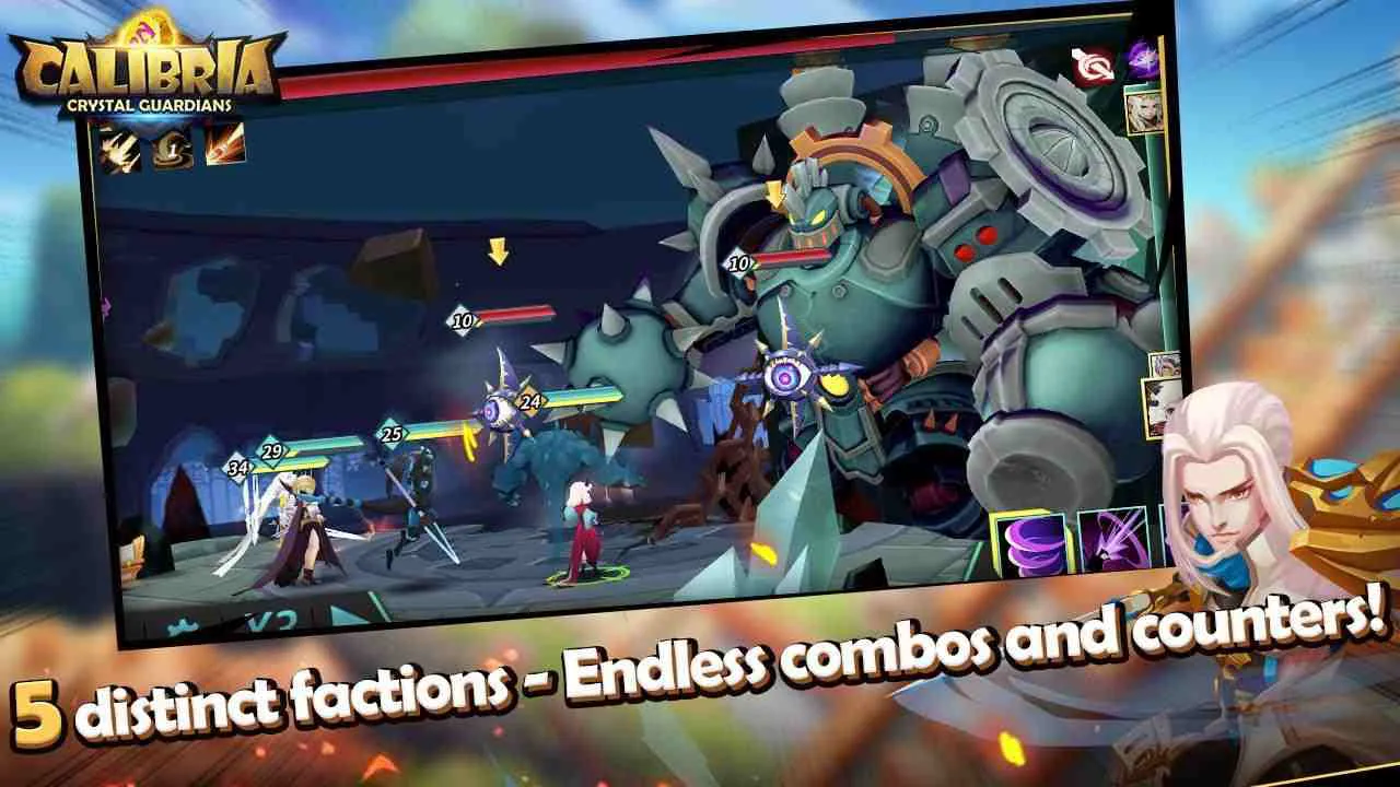Ảnh 2 của Calibria: Crystal Guardians Mod APK 2.2.11 (Menu, Bất tử, Sát thương) Cảnh chiến đấu trong Calibria: Crystal Guardians Mod, nhân vật đang tung kỹ năng