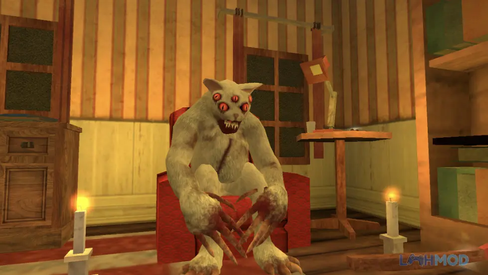 Ảnh 2 của Tải Cat Fred Evil Pet Mod Apk 1.1.4 (Không quảng cáo) cho Android iOs Alt text mô tả cảnh Fred đuổi theo người chơi trong ngôi nhà tối