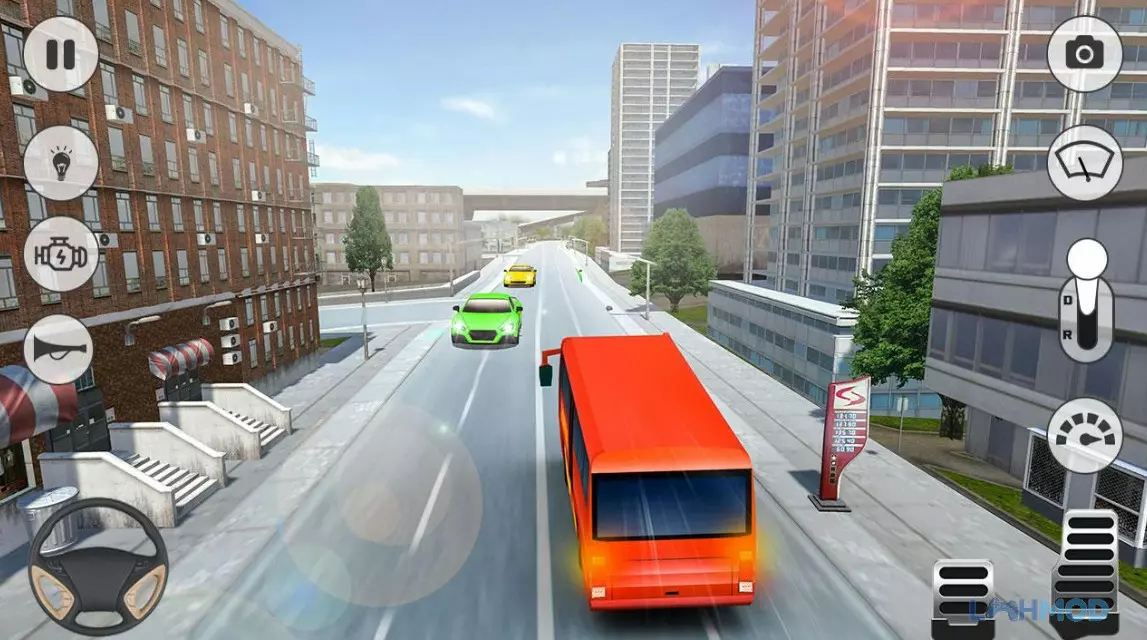 Ảnh 3 của Tải City Bus Simulator – Bus Games Apk 1.3.47 cho Android iOs Alt text mô tả giao diện buồng lái của một chiếc xe bus với vô lăng và bảng điều khiển