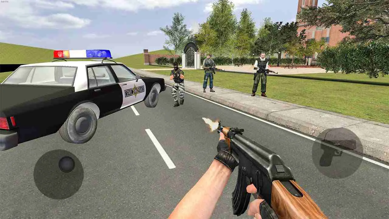 Ảnh 4 của Cop Duty Police Car Simulator Mod APK 1.98 (Menu, Vô hạn tiền) Cảnh sát đang giao chiến với tội phạm trong một khu vực thành phố