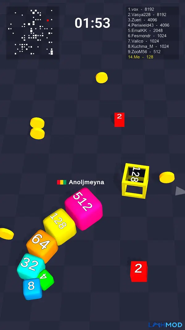 Ảnh 2 của Tải game Cube Arena 2048 Apk 1.0.26 cho Android, IOS Giao diện trong game Cube Arena 2048 với chú rắn đang di chuyển