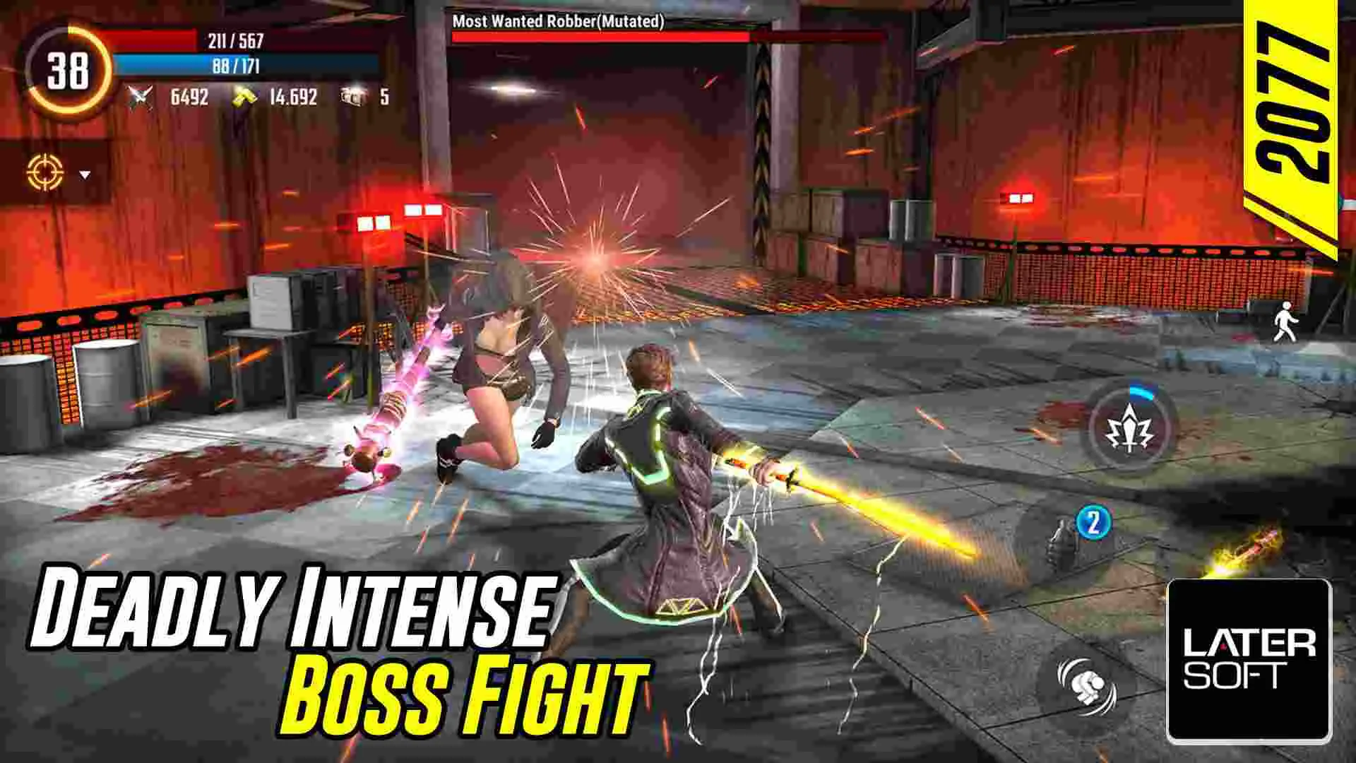 Ảnh 3 của Cyber War: Cyberpunk Reborn Mod APK 1.0.5 (Mua Sắm Miễn Phí) Nhân vật đang sử dụng kỹ năng trong Cyber War: Cyberpunk Reborn Mod