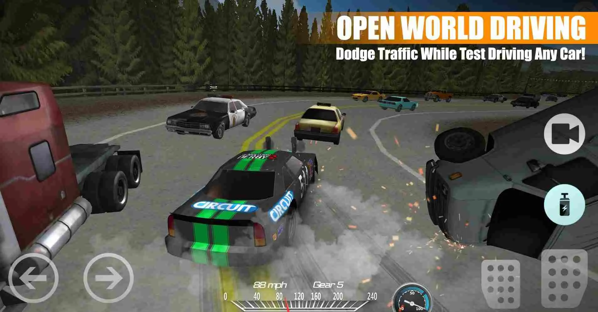 Ảnh 2 của Tải game Demolition Derby 2 Mod APK 1.3.88 (Vô Hạn Tiền) Alt text mô tả một chiếc xe đua màu đen đang drift trên đường đua với khói bụi phía sau