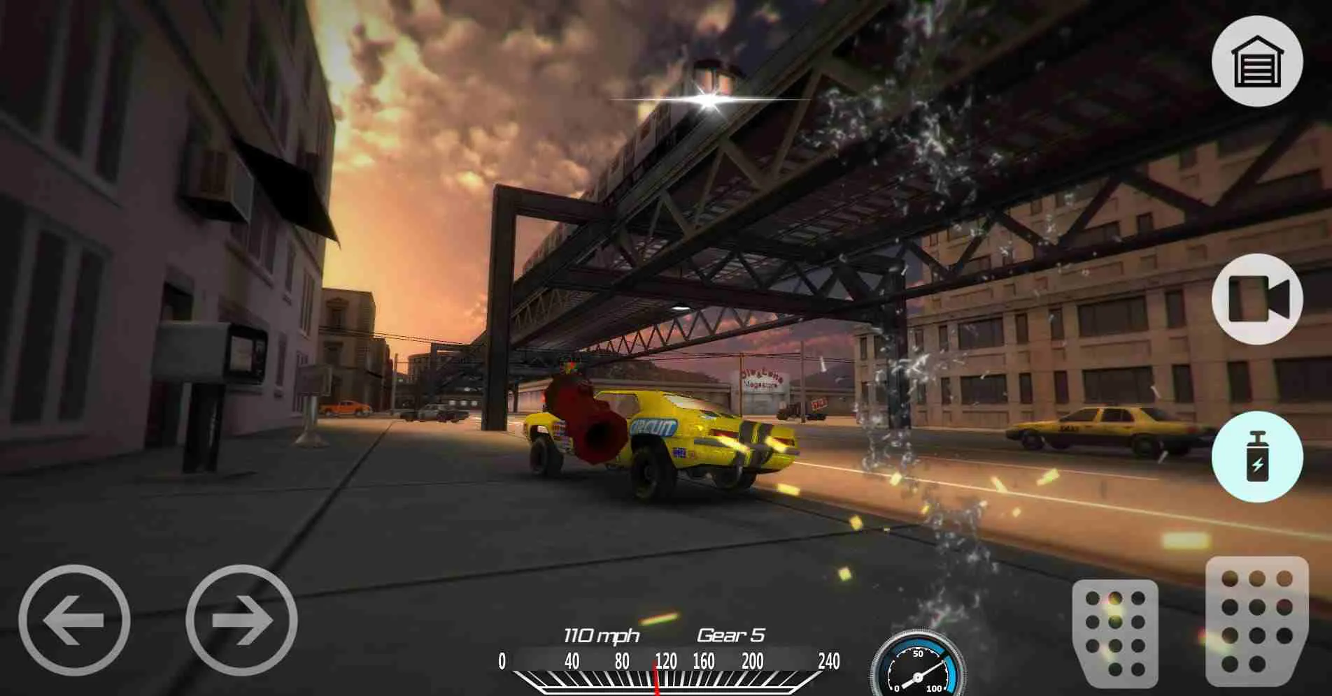 Ảnh 3 của Tải game Demolition Derby 2 Mod APK 1.3.88 (Vô Hạn Tiền) Alt text mô tả một chiếc xe bán tải màu đỏ đang va chạm với một chiếc xe đua màu vàng