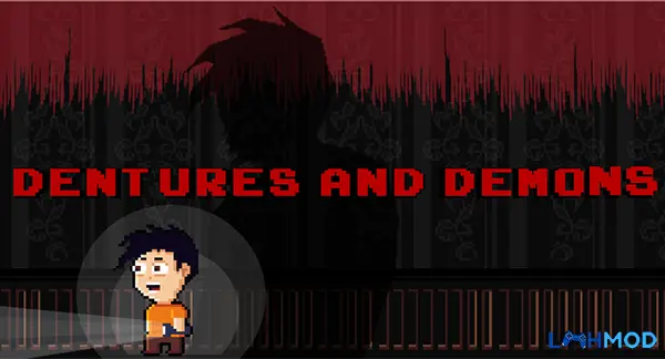 Ảnh 2 của Tải Dentures and Demons MOD APK 1.1.7 (Mở khóa) Android iOS Một cảnh chơi trong Dentures and Demons, thể hiện đồ họa pixel và môi trường bí ẩn