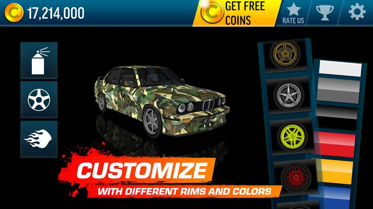 Ảnh 5 của Tải game Drift Max Mod APK 9.3 (Vô Hạn Tiền) Màn hình hiển thị tùy chọn nâng cấp và tùy chỉnh xe