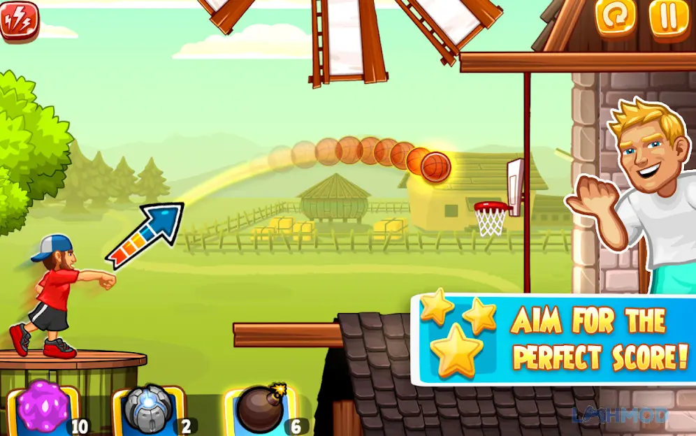 Ảnh 1 của Tải Dude Perfect 2 Mod Apk 1.6.2 (Vô Hạn Tiền) cho Android iOs Cảnh chơi Dude Perfect 2 với nhân vật đang chuẩn bị thực hiện cú ném bóng qua chướng ngại vật