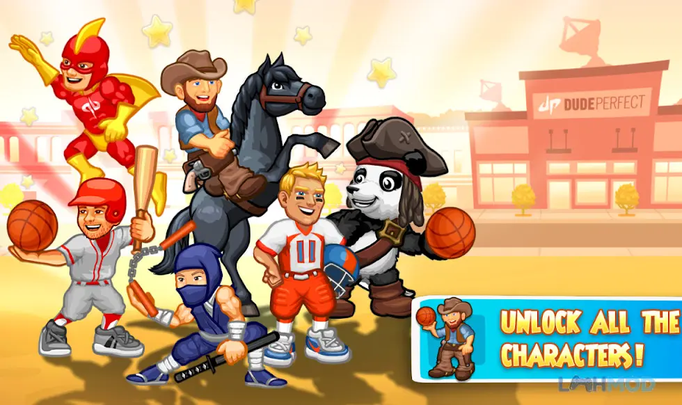 Ảnh 3 của Tải Dude Perfect 2 Mod Apk 1.6.2 (Vô Hạn Tiền) cho Android iOs Nhóm Dude Perfect đang ăn mừng sau khi hoàn thành một cú bắn bóng thành công trong game