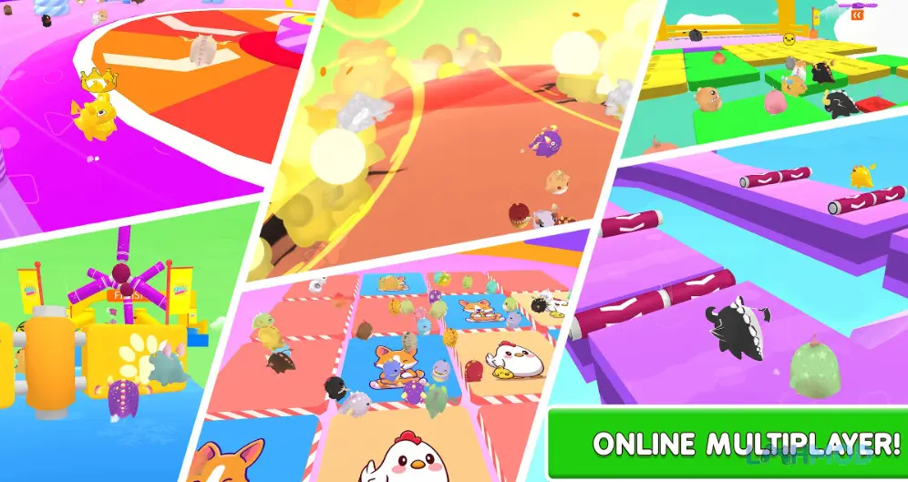 Ảnh 2 của Tải Fall io Apk 1.4.3 cho Android iOs Hình ảnh một nhóm khủng long đang chạy đua trên sàn đấu đầy chướng ngại vật