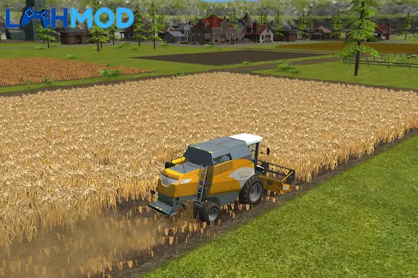 Ảnh 1 của Tải Farming Simulator 16 APK 1.1.2.6 Android iOS Máy gặt lúa đang hoạt động trên cánh đồng vàng