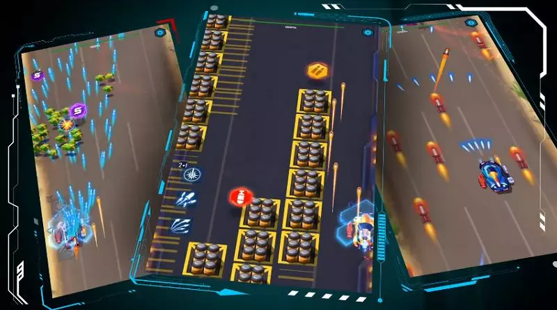 Ảnh 2 của Tải game Fast Fighter Mod APK V1.1.4 (Vô Hạn Tiền) Android iOS Giao diện gameplay Fast Fighter Mod với hiệu ứng cháy nổ và kẻ địch đông đảo