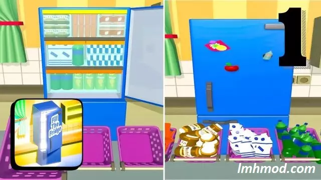 Ảnh 3 của Tải game Fill The Fridge Mod Apk 2.6.0 (Không quảng cáo) Android Các loại thực phẩm đa dạng được sắp xếp gọn gàng trong tủ lạnh của Fill The Fridge