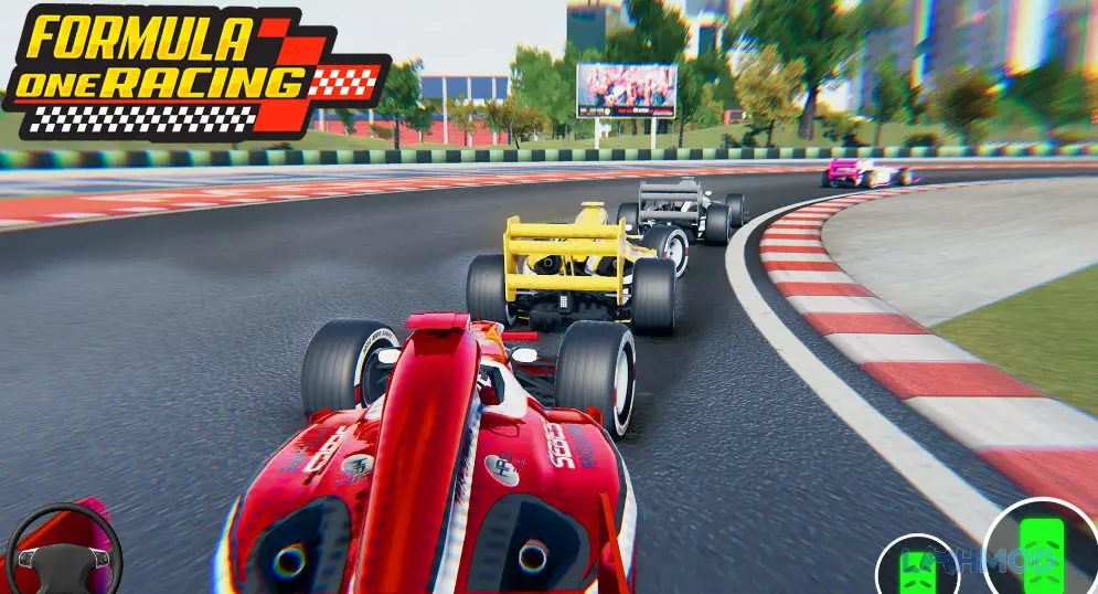 Ảnh 3 của Tải Formula Car Racing Car Games Mod Apk 4.8M (Vô Hạn Tiền) cho Android iOs Một chiếc xe đua công thức màu đỏ đang chuẩn bị vào cua với đối thủ phía sau