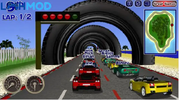 Ảnh 3 của Furious Crossy : Merge & Dash APK 2.2.3 Android iOS Một chiếc xe cổ điển đang tăng tốc trên đường nông thôn, né tránh chướng ngại vật