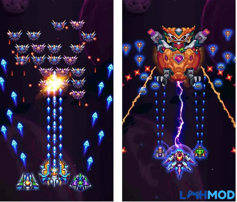 Ảnh 2 của Tải Galaxiga Mod Apk v25.01 (Menu, Bất tử/Sát thương) Phi thuyền Galaxiga chiến đấu giữa đội hình kẻ địch ngoài không gian