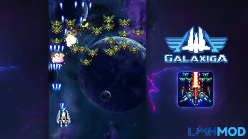 Ảnh 3 của Tải Galaxiga Mod Apk v25.01 (Menu, Bất tử/Sát thương) Người chơi điều khiển phi thuyền Galaxiga né tránh làn đạn dày đặc